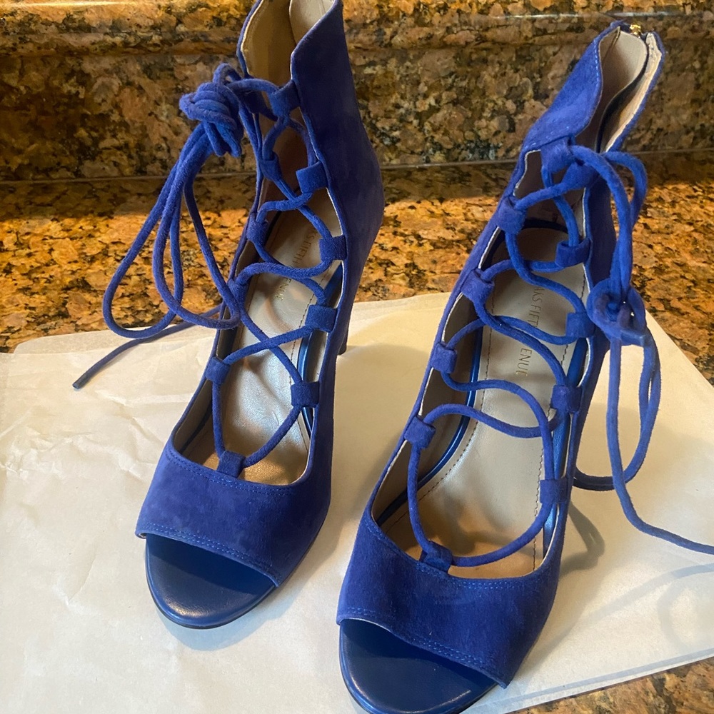 Saks Fifth Avenue Blue Suede Lace up heels.  Size 7.5  3 inch heel
